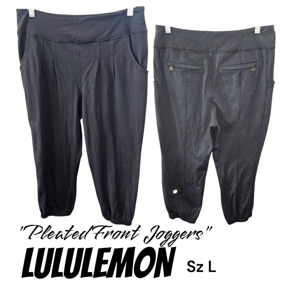 Lululemon Sz L Black Pleated Front Back Pockets Metal Logo Zipper Pulls Joggers
